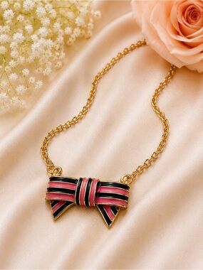 NEW Brash Pink and Black Bow Necklace